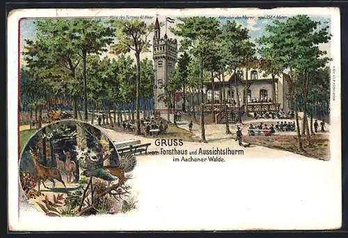 Lithographie Aachen, Forsthaus u. Aussichtsturm Aachener Walde, Wildgruppe mit Rehen und Fasan