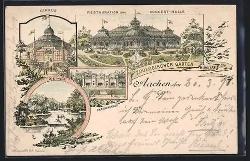 Lithographie Aachen, Restaurant und Concert-Halle Zoologischer Garten, Zirkus, Weiher