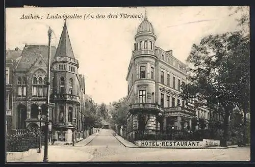 AK Aachen, Blick in die Strasse Ludwigsallee, Hotel zu den drei Türmen