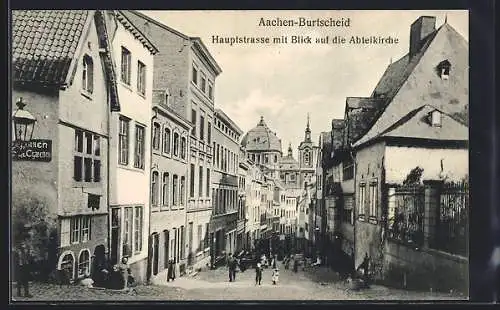 AK Aachen-Burtscheid, Hauptstrasse mit Zigarrengeschäft und Abteikirche