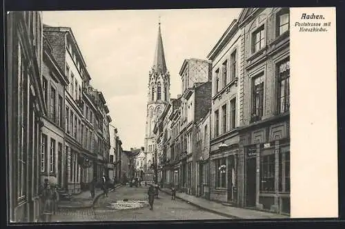 AK Aachen, Pontstrasse mit Geschäft und Kreuzkirche