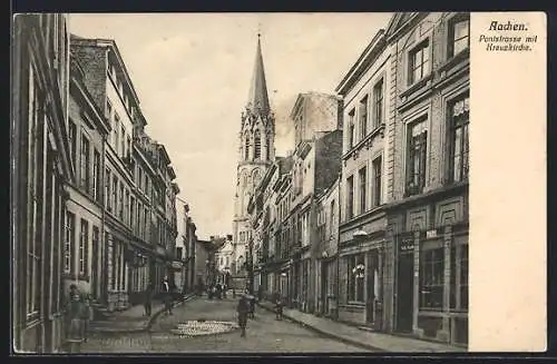 AK Aachen, Pontstrasse mit Geschäft und Kreuzkirche