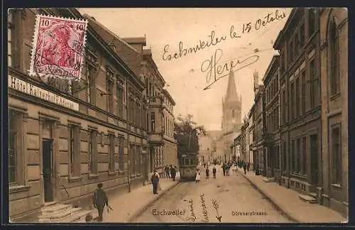 AK Eschweiler, Dürenerstrasse mit Hotel Kaiserhof und Strassenbahn