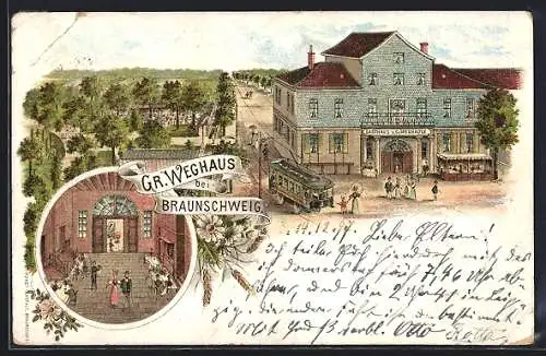 Lithographie Braunschweig, Gasthaus zum Gr. Weghause, Innenansicht, Strassenbahn