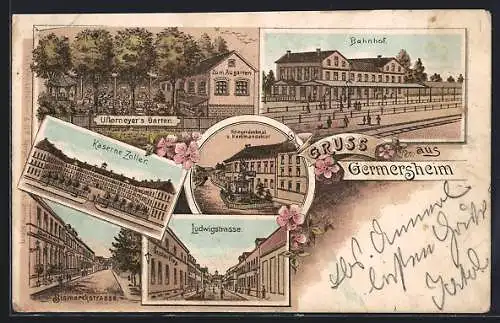 Lithographie Germersheim, Bahnhof, Ullermeyer`s Gasthaus zum Augarten, Kaserne Zoller, Ludwigstrasse