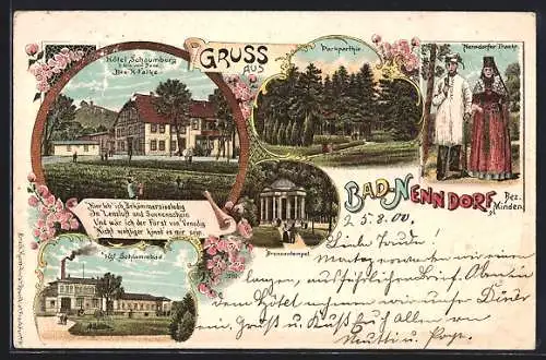 Lithographie Bad Nenndorf, Hotel Schaumburg v. H. Falke, Kgl. Schlammbad, Brunnentempel, Nenndorfer Tracht