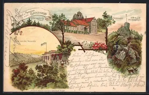 Lithographie Blankenburg / Harz, Hotel Zum Grossvater, Blick von der Veranda am frühen Abend