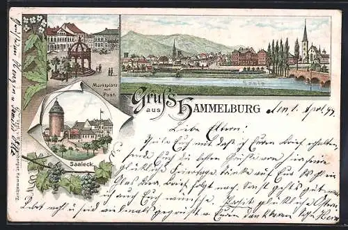 Lithographie Hammelburg, Marktplatz mit Post, Saaleck, Ortsansicht