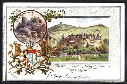 Lithographie Kissingen, Das Hotel Fürstenhof mit Ludwigsthurm