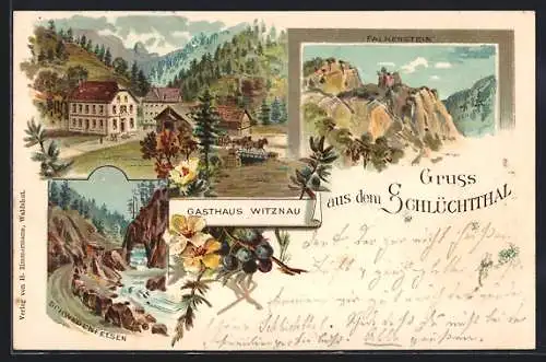 Lithographie Witznau, Gasthaus, Schwedenfelsen, Falkenstein