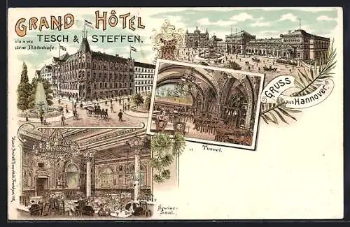 Lithographie Hannover, Grand Hotel v. Tesch & Steffen, Speisesaal, Tunnel, Aussen- u. Innenansichten, Pferdekutsche