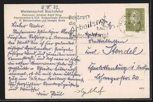 AK Hannover, Gasthof Bischofshof, Inh. Adolf Krug