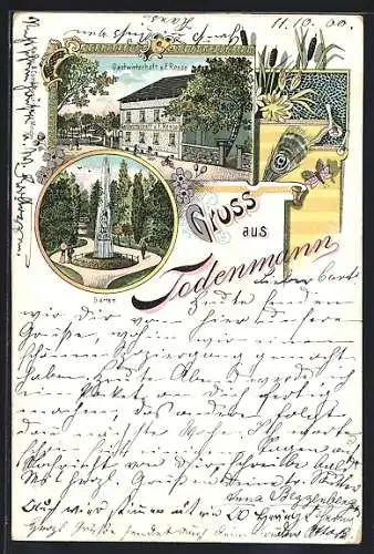 Lithographie Todenmann, Gasthaus v. F. Reese, Garten mit Fontäne