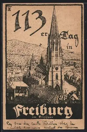 Künstler-AK Freiburg i. Br., 113. Regiment, Stadtansicht aus der Vogelschau