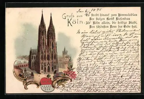 Vorläufer-Lithographie Köln, 1895, Dom im Stadtbild, Wappen