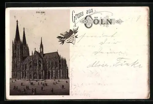 Vorläufer-Lithographie Cöln, 1893, Der Dom, Wappen