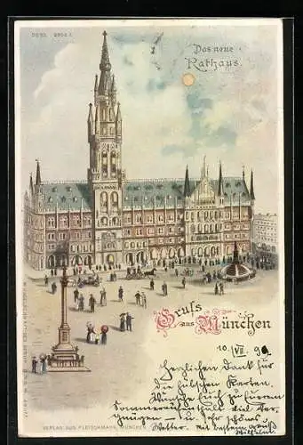 Lithographie München-Au, das neue Rathaus, Halt gegen das Licht: beleuchtete Fenster