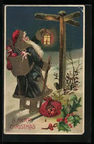 Lithographie Der Weihnachtsmann mit einer Laterne an einem Wegkreuz