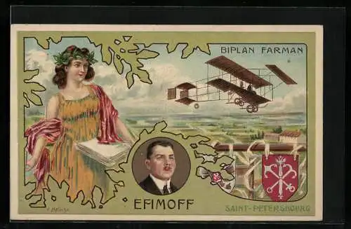 AK Flugzeug Biplan Farman mit Efimoff-Portrait, Jugendstil-Passepartout