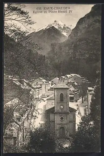 AK Eaux-Chaudes, Eglise et Place Henri IV