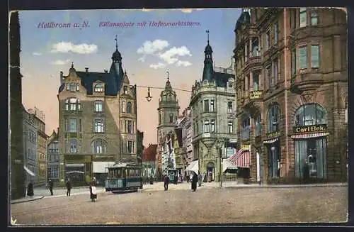 AK Heilbronn a. N., Strassenbahn auf dem Kiliansplatz mit Hafenmarktsturm