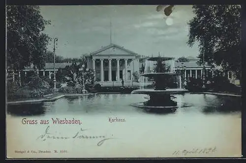 Mondschein-AK Wiesbaden, Kurhaus mit Brunnen