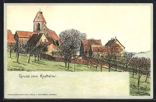 Lithographie Roetteln, Ortsansicht mit Kirche