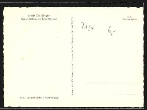AK Knittlingen, Neues Rathaus mit Faust-Denkmal