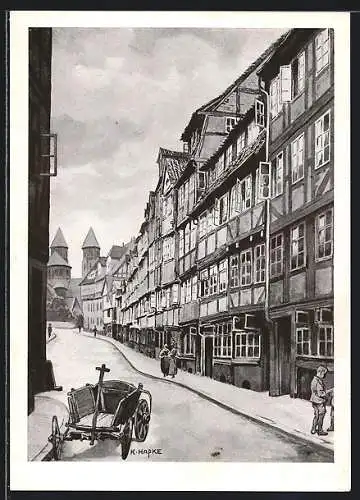 Künstler-AK Hannover, Duvesiedlung, Kleine Duvenstrasse um 1943, Im Hintergrund die Garnisonkirche