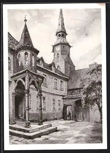 Künstler-AK Hannover, Lenthehof an der Kreuzkirche um 1943, Im Hintergrund die Kreuzkirche