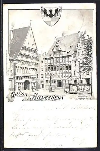 Lithographie Hildesheim, Marktplatz und Knochenhauerhaus