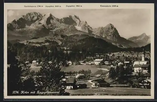 AK Krün, Teilansicht mit Zugspitzmassiv: Alpspitze, Zugspitze und Waxenstein
