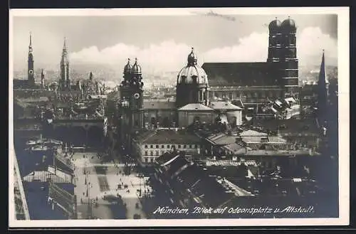 AK München, Ausstellung Das Bayerische Handwerk 1927, Blick auf Odeonsplatz mit Kirche und Altstadt