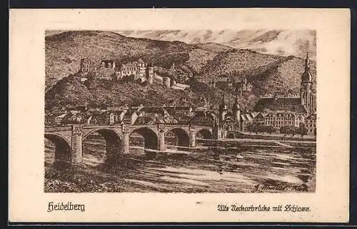 Künstler-AK Heidelberg, Alte Neckarbrücke mit Schloss