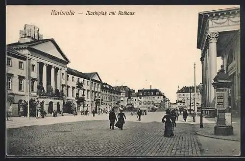 AK Karlsruhe, Marktplatz mit Rathaus