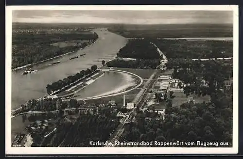 AK Karlsruhe, Rheinstrandbad Rappenwört vom Flugzeug aus gesehen