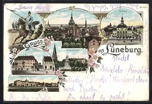 Lithographie Lüneburg, Gesamtansicht vom Kalkberge aus, die Kaserne am Markt, Kaserne