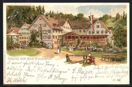 Lithographie Bad Niedernau, Ansicht vom Bad Hotel mit Terrasse