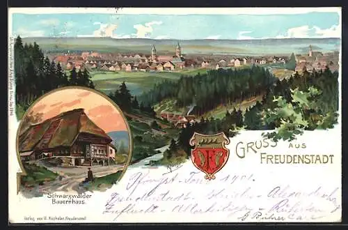 Lithographie Freudenstadt, Gesamtansicht, Schwarzwälder Bauernhaus, Wappen