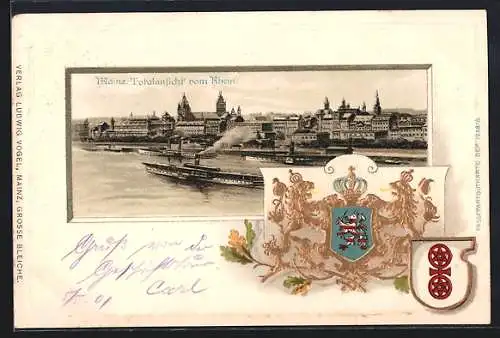 Passepartout-Lithographie Mainz, Dampfer auf dem Rhein, Blick auf die Stadt, Wappen