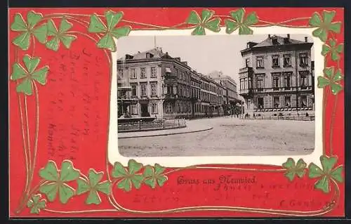 Lithographie Neuwied, Strassenpartie mit Brunnen, Kleeblätter, Passepartout