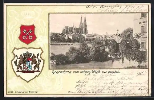 Passepartout-Lithographie Regensburg, Kirche vom unteren Wörth aus gesehen, Wappen