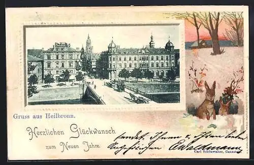 Passepartout-Lithographie Heilbronn, Strassenpartie mit Brücke, Hasen im Schnee, Neujahrsgruss