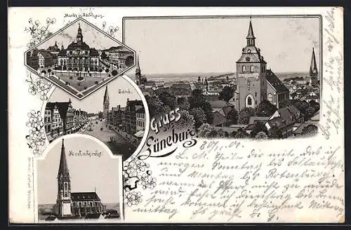 Lithographie Lüneburg, Ortsansicht, Markt mit Rathaus, Sand, Nicolaikirche