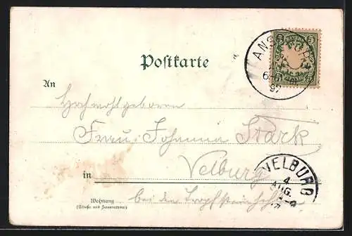 Lithographie Ansbach, Oberer Markt und St. Gumbertus-Kirche, Kgl. Schloss