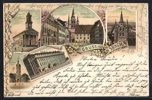 Lithographie Ansbach, Ludwigskirche, Herriederthor, Regierungsgebäude, Oberer Markt, Gumbertus Kirche