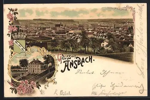 Lithographie Ansbach, Ortsansicht aus der Vogelschau, Blick auf das Prinzenschloss