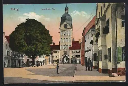 AK Erding, Landshuter Tor mit Strassenpartie