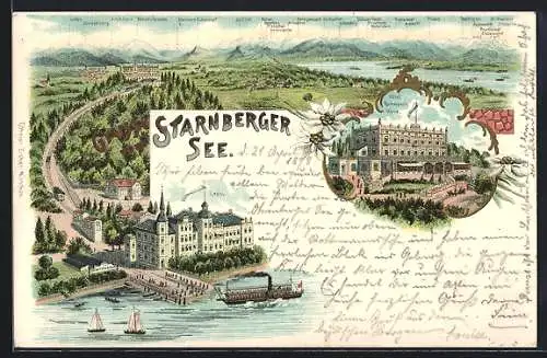 Lithographie Starnberg /Starnberger See, Hotel Rottmann`s Höhe, Bergpanorama mit Zwieselberg, Krottenkopf und Bischoff