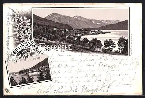 Lithographie Tegernsee, Teilansicht, Schloss, Edelweiss